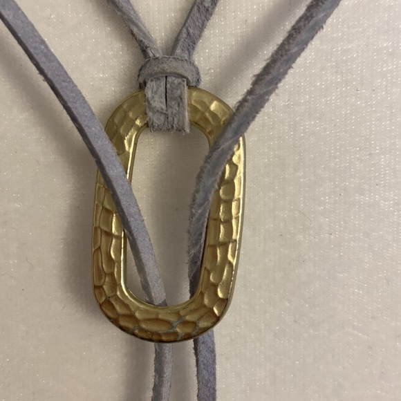 Light Blue Leather and Gold Metal Lariat Style Necklace. - Picture 5 of 6